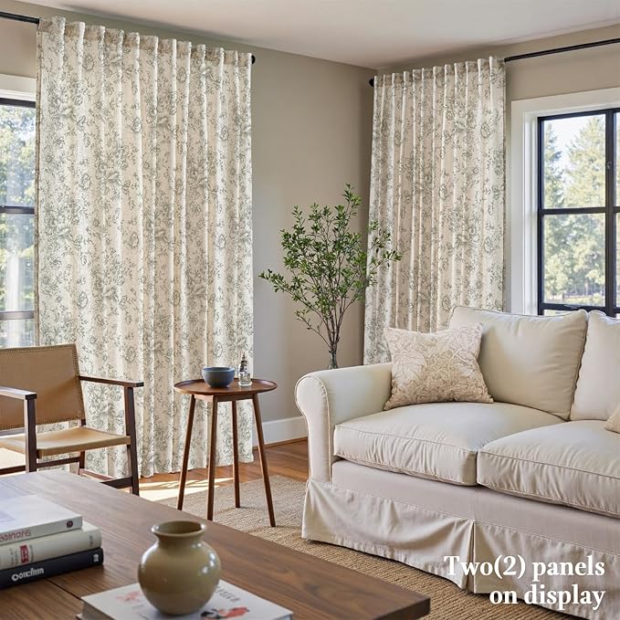 jinchan Linen Floral Curtains 100 Inch Extra Wide for Patio Sliding Glass Door Room Divider Curtain for Living Room 108 Inch Length Farmhouse Peony Green Printed Curtain Set 1 Panel