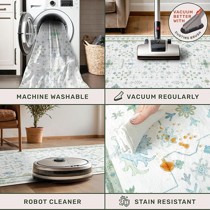 Hazo Haus Boho Bathroom Runner 2x7 - Cream Green Oushak Floral Turkish, Washable Low Pile Non Slip Stain Resistant Small Accent Rug for Kitchen, Hallway