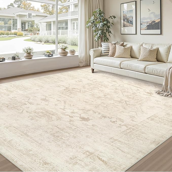 Area Rugs 9x12 Living Room: Vintage Boho Neutral Washable Rug Indoor Soft Large Area Rug Carpet for Bedroom Nursery Farmhouse Dining Room Office Floor Non-Slip Low Pile Under Table Rug Beige/Brown