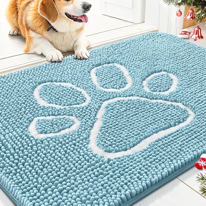 Smiry Dog Door Mat for Muddy Paws, Absorbent Dirt Trapper Non Slip Quick Dry Washable Chenille Mat for Mud Dogs, Entry Rug for Indoor and Outdoor (30x20 Inches, Sky Blue and White)