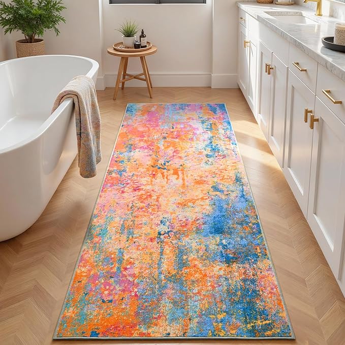 2x6 Rainbow Rug Runners for Hallways Kitchen Runner Rug Non Slip Washable Colorful Long Runner Rugs with Rubber Backing Soft Abstract Carpet Runner for Bedroom, Kitchen, Bathroom, Entryway