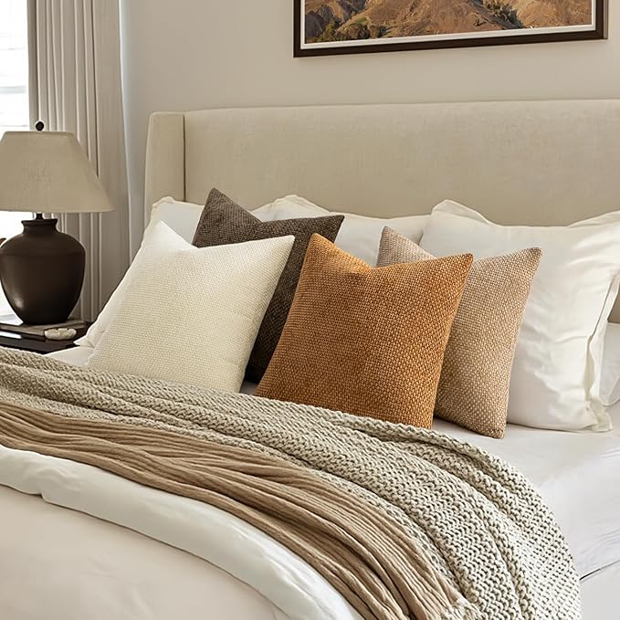 MIULEE Pack of 4 Brown Couch Throw Pillow Covers 18x18 Inch Soft Decorative Chenille Pillows Farmhouse Accent Cushions for Boho Home Decor Spring Sofa Bedroom Living Room