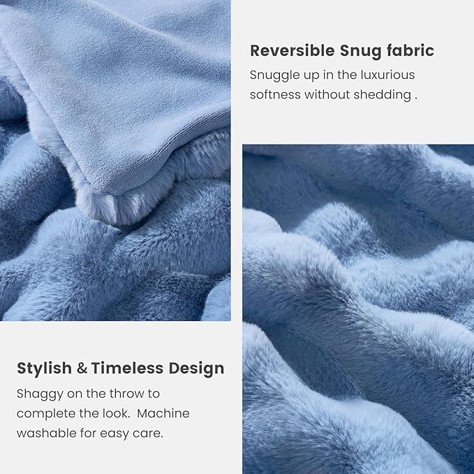 Cozy Bliss Faux Fur Bubble Throw Blanket for Couch, Fuzzy Soft Plush Thick Blanket for Sofa Bed Gift, 50x60 Inches Misty Blue