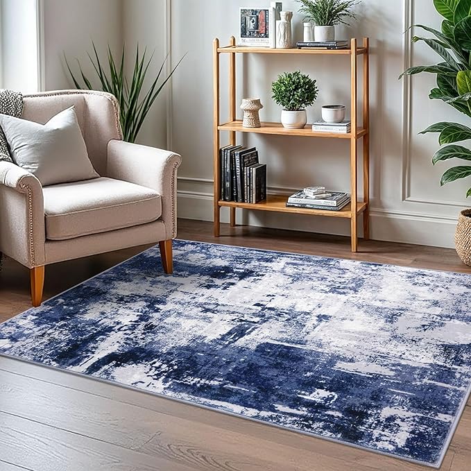 KOZYFLY Modern Abstract 3x5 Area Rug Washable Bedroom Rug Throw Entry Mat Non-Slip Stain Resistant Carpet Dining Room Rug with Soft Low Pile for Living Room Kitchen Bath Office, Navy Blue/Grey/White