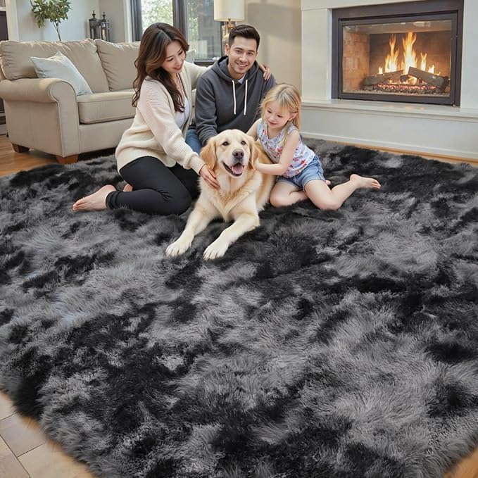 Super Soft Shaggy Area Rugs for Bedroom 4x6 Feet, Shaggy Plush Living Room Shag Furry Floor Rugs, Non-Shedding Indoor Rugs for Living Room Decor(4 x 6, Dark Grey Tie-Dyed)