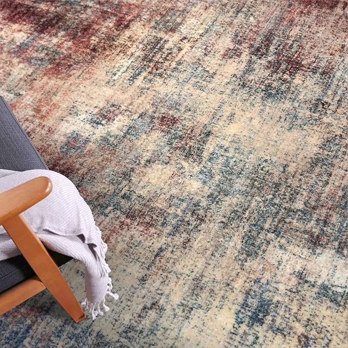IOHOUZE Abstract Area Rugs 5x7 Ft Washable Rugs for Living Room, Non Slip Dining Room Rug, Printed Faux Wool Rugs for Bedroom, Floor Carpet for Kitchen Nursery Playroom, Red/Multi