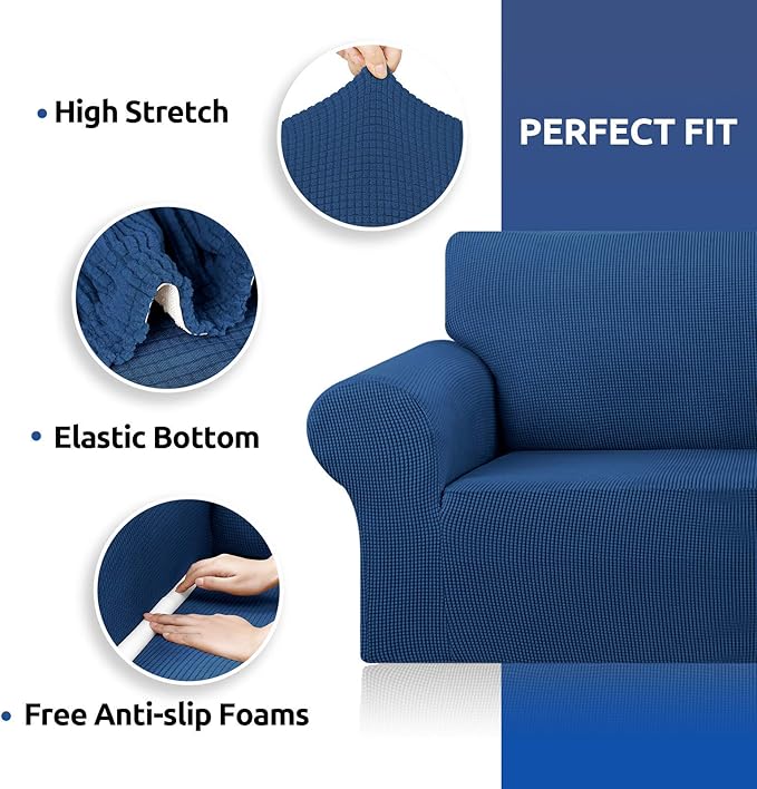 KEKUOU Stretch Single Sofa Slipcover 1 Piece Couch Sofa Cover (31"-55") Furniture Protector 1 Seater Sofa with Elastic Bottom for Kids,Pet.Jacquard Small Checked Pattern Fabric(Small,Classic Bluel)