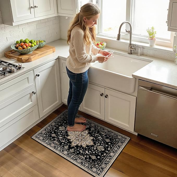 RELEANY Area Rugs 2'x3' Kitchen Rugs Entry Rug Small Rugs for Entryway Kitchen Bathroom Door Mat Indoor Entrance,Washable Non Slip, Black Brown Neutral Dark Tan