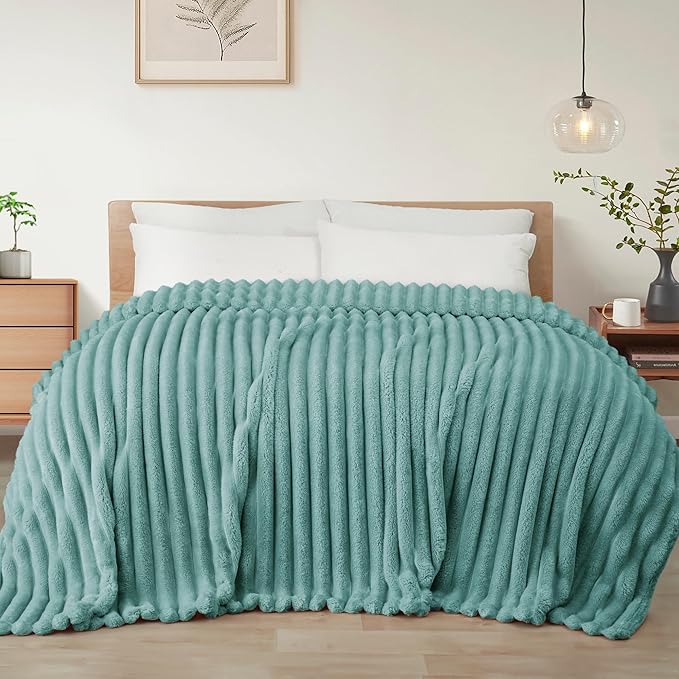 Exclusivo Mezcla Twin Size Flannel Fleece Blanket, Super Soft Striped Jacquard Bed Blanket, Lightweight Fuzzy Cozy for All Seasons, 60x80 Inches, Celadon