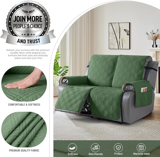 TAOCOCO 100% Waterproof Loveseat Recliner Covers 2 Seater, Split Loveseat Covers for Reclining loveseat, Non Slip Reclining Couch Cover with Double Straps for Kids, Pets(2 Seater, Vine Green)