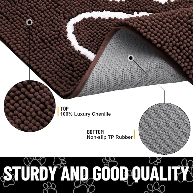 Smiry Dog Door Mat for Muddy Paws, Absorbent Dirt Trapper Non Slip Quick Dry Washable Chenille Mat for Mud Dogs, Entry Rug for Indoor and Outdoor (70x35 Inches, Brown and White)