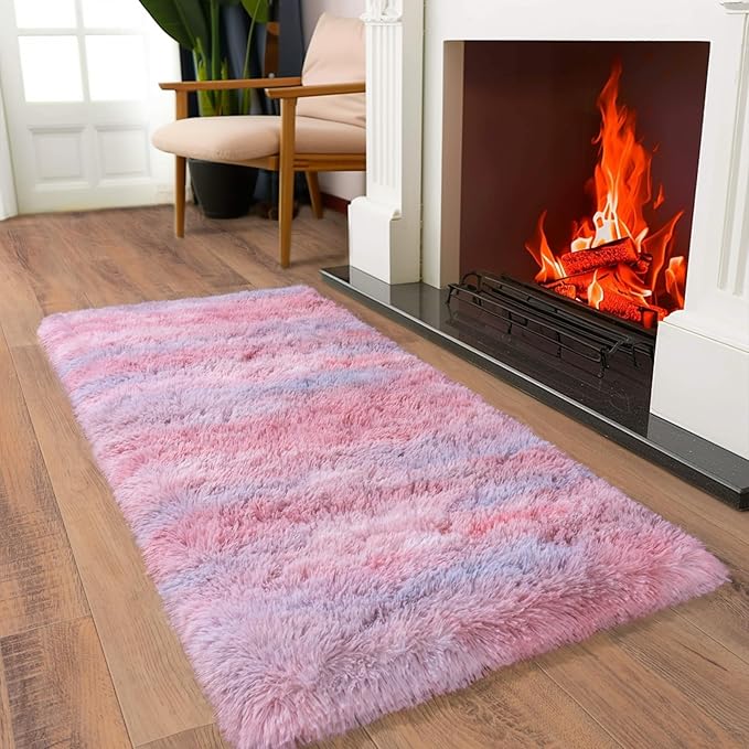 Soft Runner Rugs for Bedroom Hallways, 2x4 Abstract Pink Fluffy Shag Throw Area Rug Non Slip for Bedside Dorm, Long Shaggy Furry Carpet for Nursery Living Room