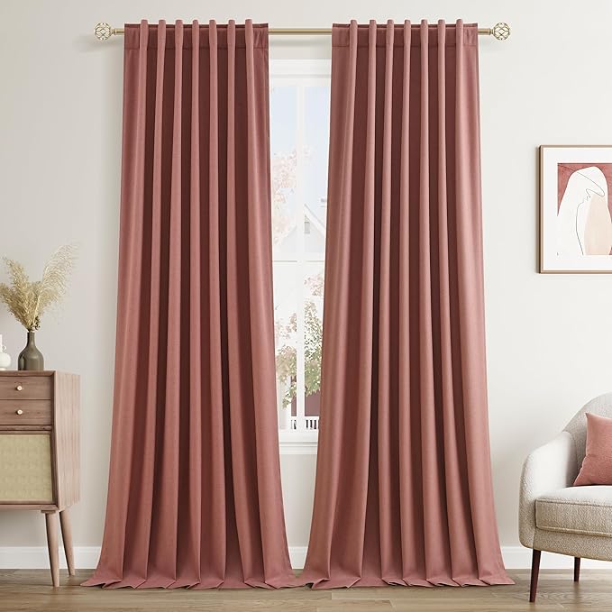 Guken 100% Blackout Curtains 100 Inch Length 2 Panels Set for Girls Bedroom Back Tab Thermal Insulated Black Out Linen Drapes Room Darkening Window Curtains 100 Inches Long,Dusty Rose