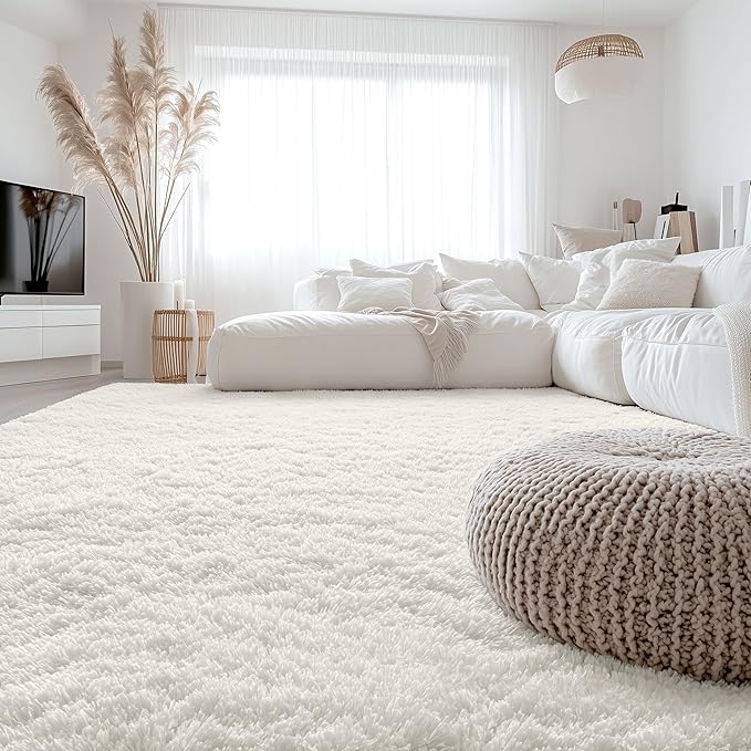 OLANLY 10x10 Machine Washable Large Area Rugs for Living Room, Bedroom, Soft Fluffy Shaggy Bedside Rug, Indoor Floor Carpet for Kids Girls and Boys, Dorms, Nursery, Home Decor Aesthetic, Ivory