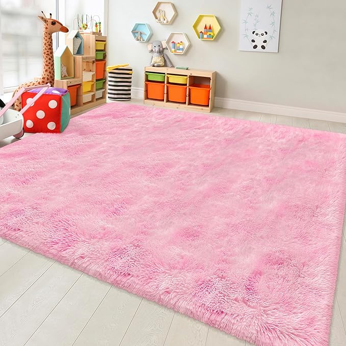 Tie-Dye Pink Upgraded Anti-Slip Fluffy Shag Rug for Living Room 8x10ft Fluffy Area Rug Mat Bedside Throw Rug for Bedroom Kids Room Boys Teens Nursery Baby Dorm Office Decor Aesthetic Carpets