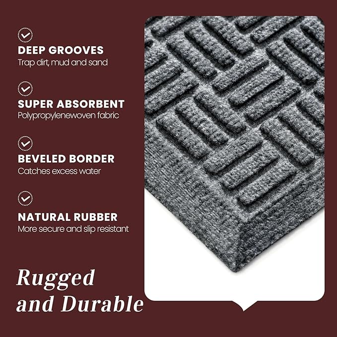 Mibao Front Door Mat Indoor Outdoor Entrance, Dirt Trapping Waterproof All-Season, All-Weather Doormat, Non-Slip Durable Natural Rubber Low Profile Easy Clean Patio Entrance Mat, 47" x 31.5", Grey