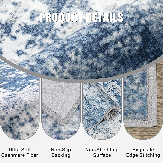 10x14 Area Rug Living Room Rug: Washable Modern Abstract Soft Thin Rug Indoor Floor No Slip Stain Resistant Carpet for Bedroom Dining Room Farmhouse Nursery Home Office - Blue