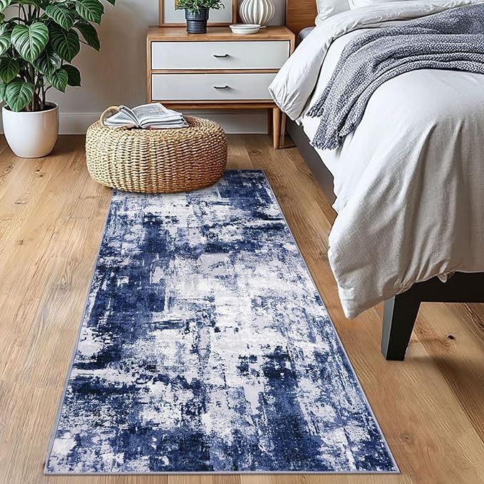 KOZYFLY Modern Abstract Runner Rug 2x6 Navy Blue Runners for Hallways Kitchen Rug Non Slip Washable Carpet Rug Runner Laundry Mat with Soft Low Pile for Entryway Bathroom Bedroom Kitchen