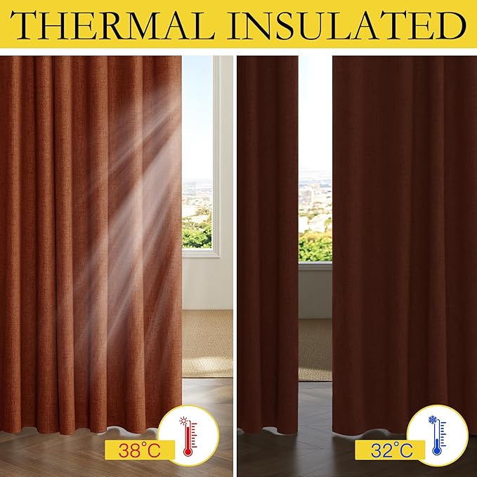 NICETOWN 100% Absolutely Blackout Linen Curtains with Thermal Insulated Liner, 42" Wide, 2 Panels, 84" Long Drapes, Grommet Retro Burnt Orange Linen Curtains Vertical Drapes Privacy for Bedroom