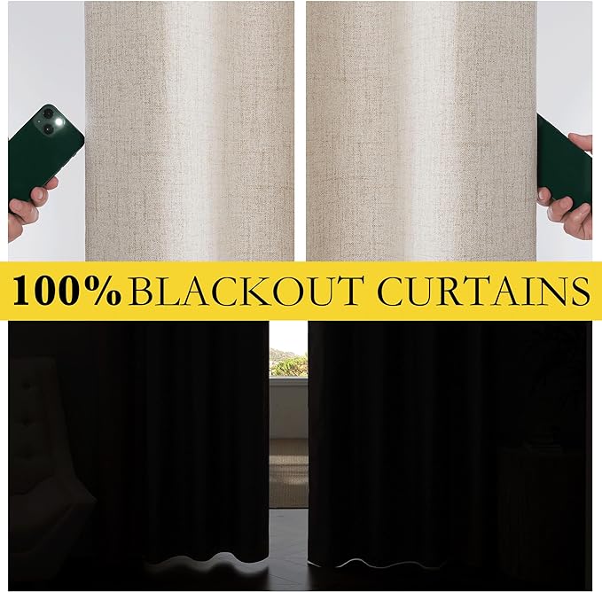 NICETOWN Oatmeal Vintage Open Linen Weave Flax Thermal Curtains, 100% Blackout Curtains 95" Long for Dining Room, Soundproof Window Treatment Drapes for Home Office, 62" Wide Per Panel, Set of 2
