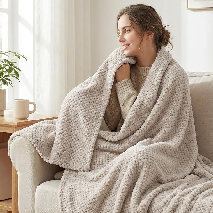 Exclusivo Mezcla Fleece Bed Blanket Queen Size, Super Soft and Warm Blankets for Couch, Sofa and Bed Waffle Textured, Cozy, Fuzzy and Lightweight (Tan, 90x90 Inches)