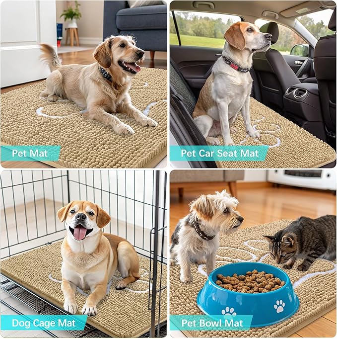 OLANLY Dog Door Mat for Muddy Paws 70x24, Paw Print Design, Absorbs Moisture and Dirt, Absorbent Non-Slip Washable Doormat, Quick Dry Chenille Mud Mat for Dogs, Entry Indoor Entryway Carpet, Beige
