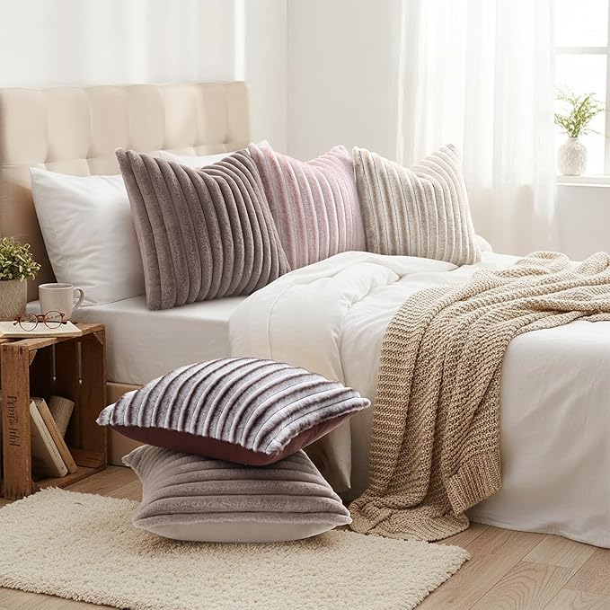 decorUhome Cozy Faux Fur Throw Pillow Covers 24x24 Set of 2 Decorative Soft Plush Striped Modern Farmhouse Boho Couch Euro Sham Pillow Cases with Velvet Back for Sofa Bed Living Room, Light Coffee
