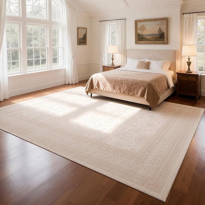 Washable Rugs 8x10 Area Rugs for Living Room- Large Vintage Rugs for Bedroom,Dining Room,Ultra Soft Low Pile Foldable Carpet with Non Slip Rubber Backing,Neutral Accent Rug(Light Brown)