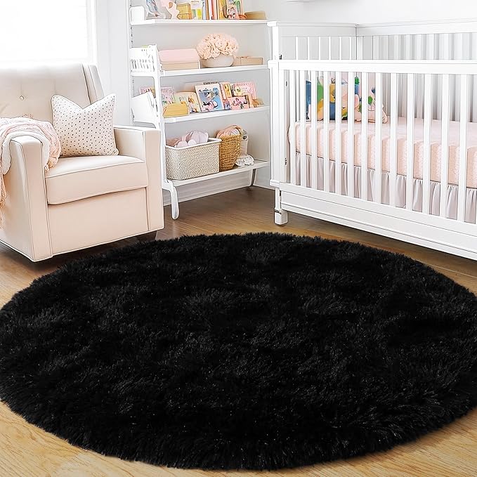 6‘x6’ Black Round Rug for Bedroom, Ultra Soft Fluffy Circle Rug for Kids Girls Boys Room, Cute Shag Rugs for Living Room Playroom Teen Room Home Decor Rug