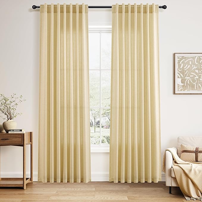 Nanspring Cream Yellow Linen Curtains 84 Inch Length for Living Room Modern Farmhouse Light Filtering Sheer Curtain Back Tab and Rod Pocket Privacy Drapes for Bedroom Office 52x84, 2 Panels