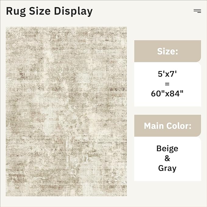 Soalmost Abstract Rug 5x7 Machine Washable Area Indoor Beige Gray White Low Pile Non-Slip Foldable Thin Accent Rugs for Bedroom Living Room Dining Room Grey