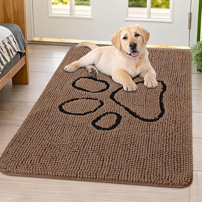 Smiry Dog Door Mat for Muddy Paws, Absorbent Dirt Trapper Non Slip Quick Dry Washable Chenille Mat for Mud Dogs, Entry Rug for Indoor and Outdoor (40x32 Inches, Coffee and Black)