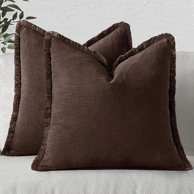 MIULEE Decorative Throw Pillow Covers Neutral Linen Fringe Throw Pillows Set of 2 Dark Brown Boho Farmhouse Cushion Covers with Tassels for Couch Sofa Bed Living Room Spring Decor 20x20 Inch