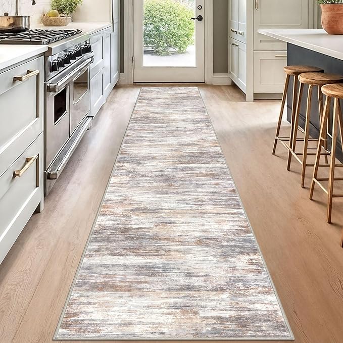 KOZYFLY Modern Abstract Runners for Hallways 2x12 Washable Rug Runner Non-Slip Soft Striped Kitchen Runner Rug, Multi Grey/Orange Print Carpet Runner for Entryway Bathroom