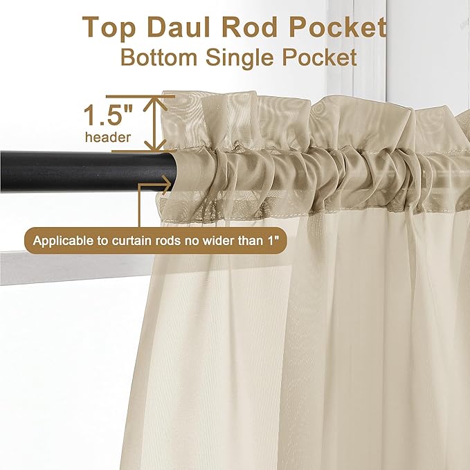 Chyhomenyc Taupe Sheer Curtains 30 inch Length 2 Panels, Light Filtering Voile Rod Pocket Short Window Curtians for Bathroom Living Room Farmhouse Small Windows, 42Wx30L inches