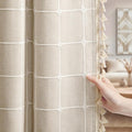 Boho Blackout White Plaid Curtains 84 Inch Beige Linen Blend Drapes with Tassels 2 Panels, Cotton Embroidered Farmhouse Curtains for Living Room Bedroom Rustic Vintage Decor