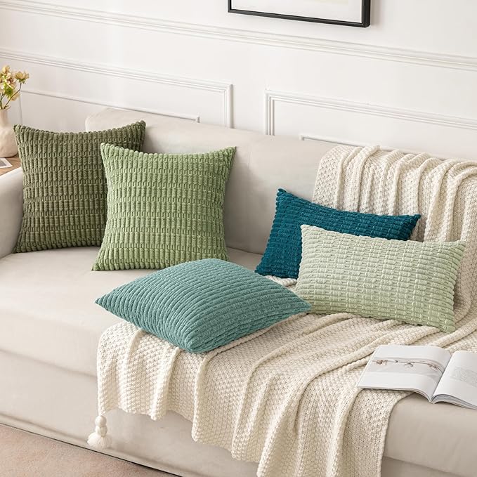 MIULEE Pack of 2 Corduroy Decorative Throw Pillow Covers 18x18 Inch Soft Boho Striped Pillow Covers Modern Farmhouse Home Decor for Summer Sofa Living Room Couch Bed Teal Green