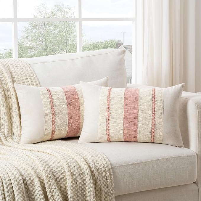 Fancy Homi Set of 1 Boho Pink Lumbar Decorative Throw Pillow Cover 12x20 Inch for Couch Bed Sofa Chair, Modern Organic Farmhouse Home Decor, Soft Cotton Cute Accent Rectangle Cushion Case
