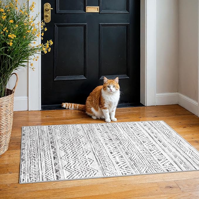 2x4 Washable Entryway Runner Rug: Moroccan Small Area Rug Soft Non Slip Door Mat for Hallway Low Pile Thin Stain Resistant Floor Carpet for Kitchen Bedroom Bathroom Bedside Indoor(2x4,Grey)
