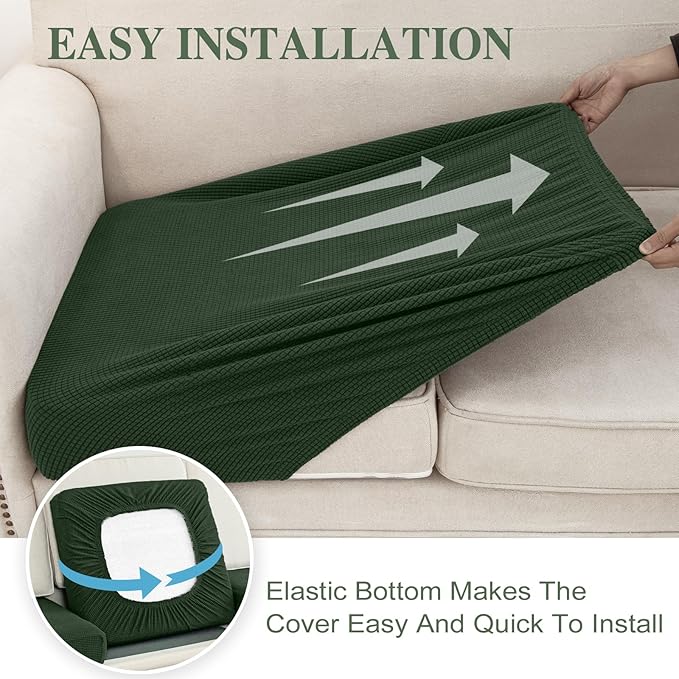 Couch Cushion Covers for Sectional Sofa L Shape Washable Separate Seat Chaise Couch Cover Stretch Sofa Slipcovers with 2 Pcs Pillowcases(2 Seater + 1 Chaise, Green)