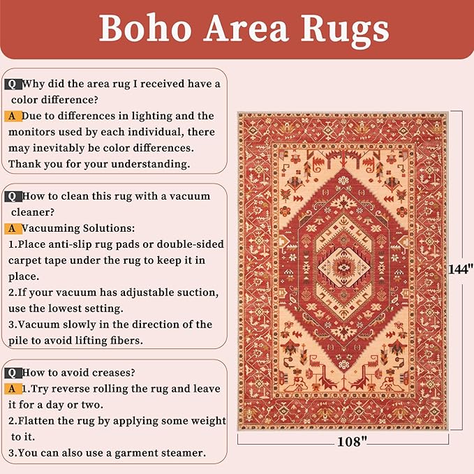 SERISSA 9x12 Area Rugs for Living Room, Large Washable Non-Slip Boho Rug, Ultra Soft Vintage Red Oriental Tribal Print Distressed Carpet for Dining Room Bedroom Dorm Office Home Decor