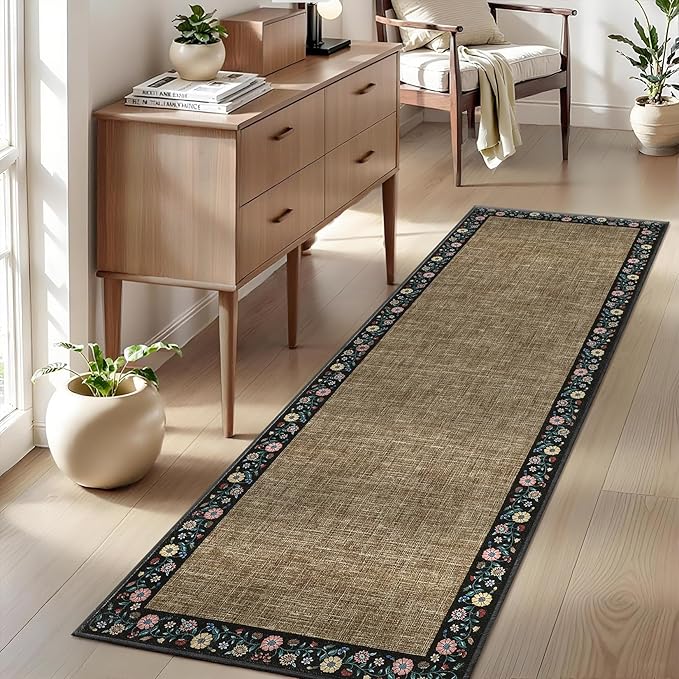 GarveeHome 4x6 Area Rugs for Bedroom Living Room Machine Washable Rugs Floral Bordered Small Carpet Non-Slip Stain Resistant Accent Carpet for Dining Room Table Apartment Office, Brown