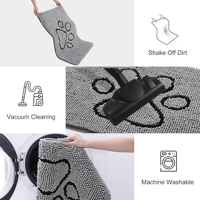 Smiry Dog Door Mat for Muddy Paws, Absorbent Dirt Trapper Non Slip Quick Dry Washable Chenille Mat for Mud Dogs, Entry Rug for Indoor and Outdoor (47x32 Inches, Grey and Black)