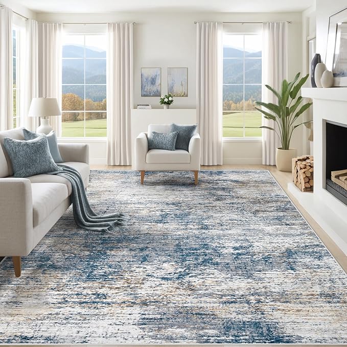 8x10 Area Rugs for Living Room, Washable Modern Abstract Large Area Rug Neutral Soft Non Slip Kids Rug Stain Resistant Indoor Carpet for Bedroom Nursery Dining Room Playroom(BlueWhite, 8'x10')
