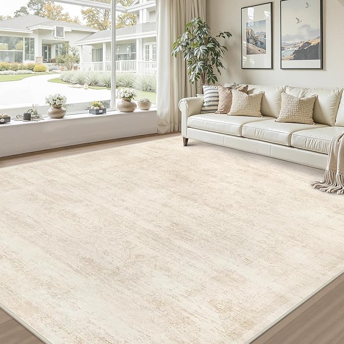 8x10 Area Rugs for Living Room: Vintage Boho Neutral Washable Rug Indoor Soft Large Area Rug Carpet for Bedroom Nursery Farmhouse Dining Room Office Floor Non-Slip Low Pile Under Table Rug Retro Beige