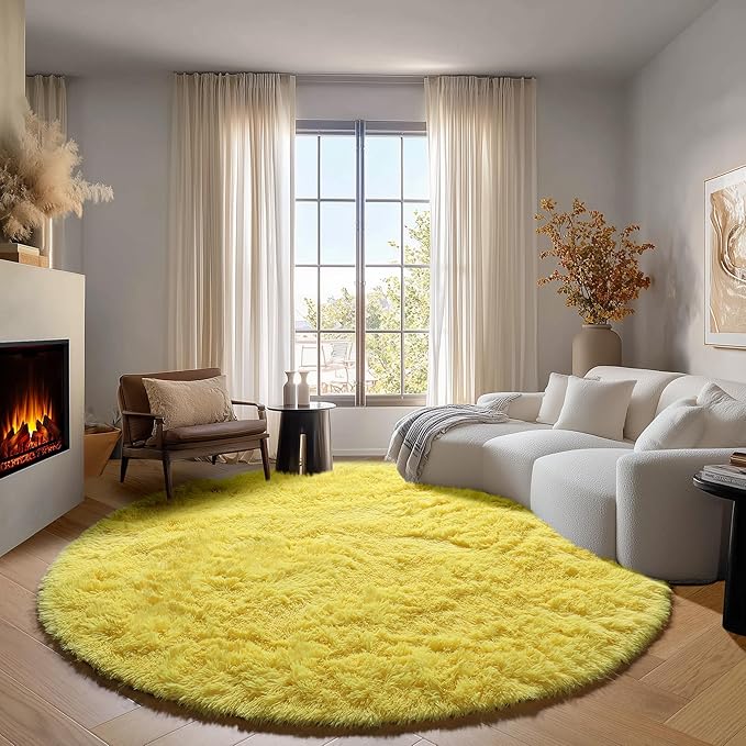 ONASAR Yellow Round Area Rugs 4ft for Bedroom Living Room, Fluffy Circle Rug for Kids Girls Boys Teen, Soft Plush Shaggy Carpet for Nursery Dorm Classroom Playroom Home Decor Aesthetic