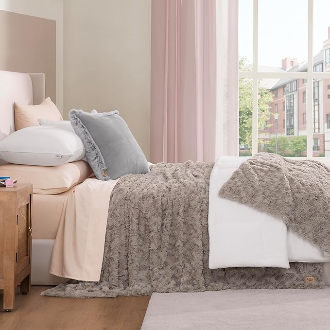 UGG Adalee Faux Fur King Blanket for Bed, Double-Sided Soft Blanket, Warm Large Throw for Couch, Washable California King Bedding, Luxury Bedroom Decor, 110" x 90", Oyster Brown