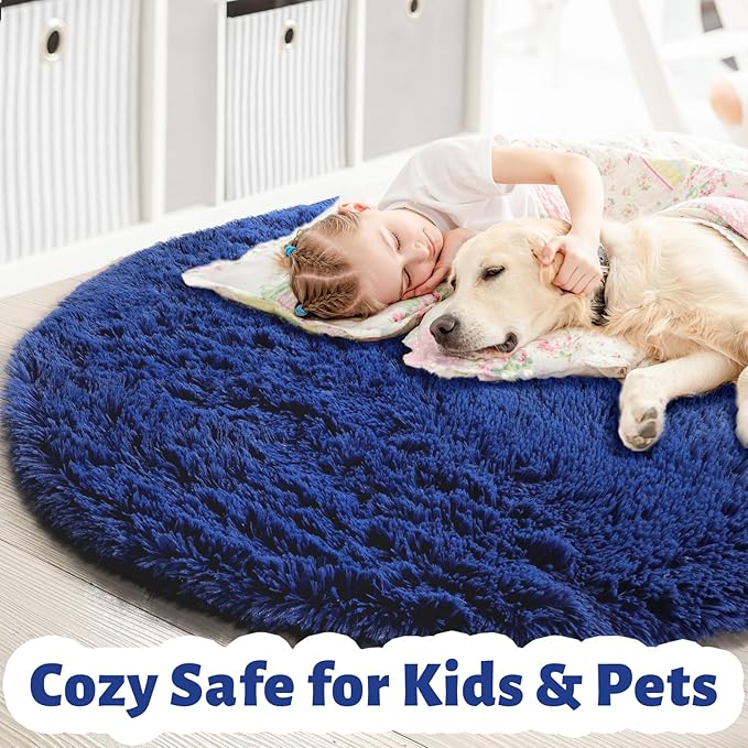 Amdrebio Navy Blue Small Round Rug 3Ft for Boys Room Bedroom, Circle Area Rugs for Kids Room, Living Room Decor Aesthetic, Fluffy Shag Fur Throw Royal Dark Blue Carpet for Dorm Playroom Baby Nursery