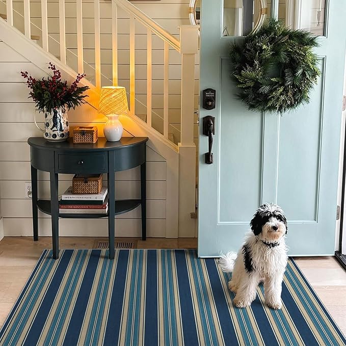 3x5 Striped Entry Rug - Small Washable Indoor Outdoor Mats for Front Door Non-Slip Porch Rug Navy Blue Coastal Throw Rugs for Bedroom Entryway Kitchen Office Welcome Layer Doormat Decor