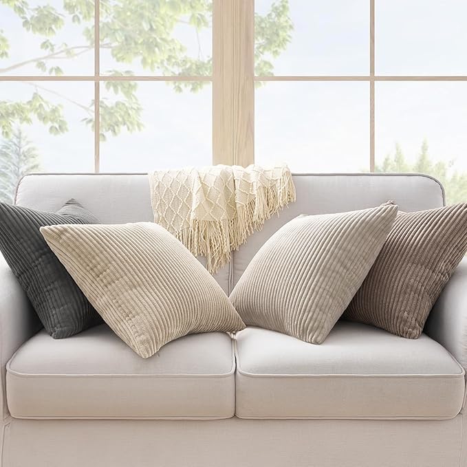 Topfinel 4 Packs Natural Decorative Throw Pillows Covers 26x26 Inch for Living Room Couch Bed Sofa, Rustic Farmhouse Boho Neutral Home Decor, Soft Plush Striped Corduroy Square Cushion Case 65x65 cm
